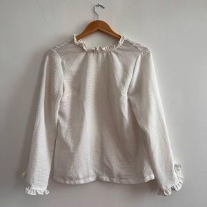 Boutique white loose long sleeve ruffle edge blouse with tie back